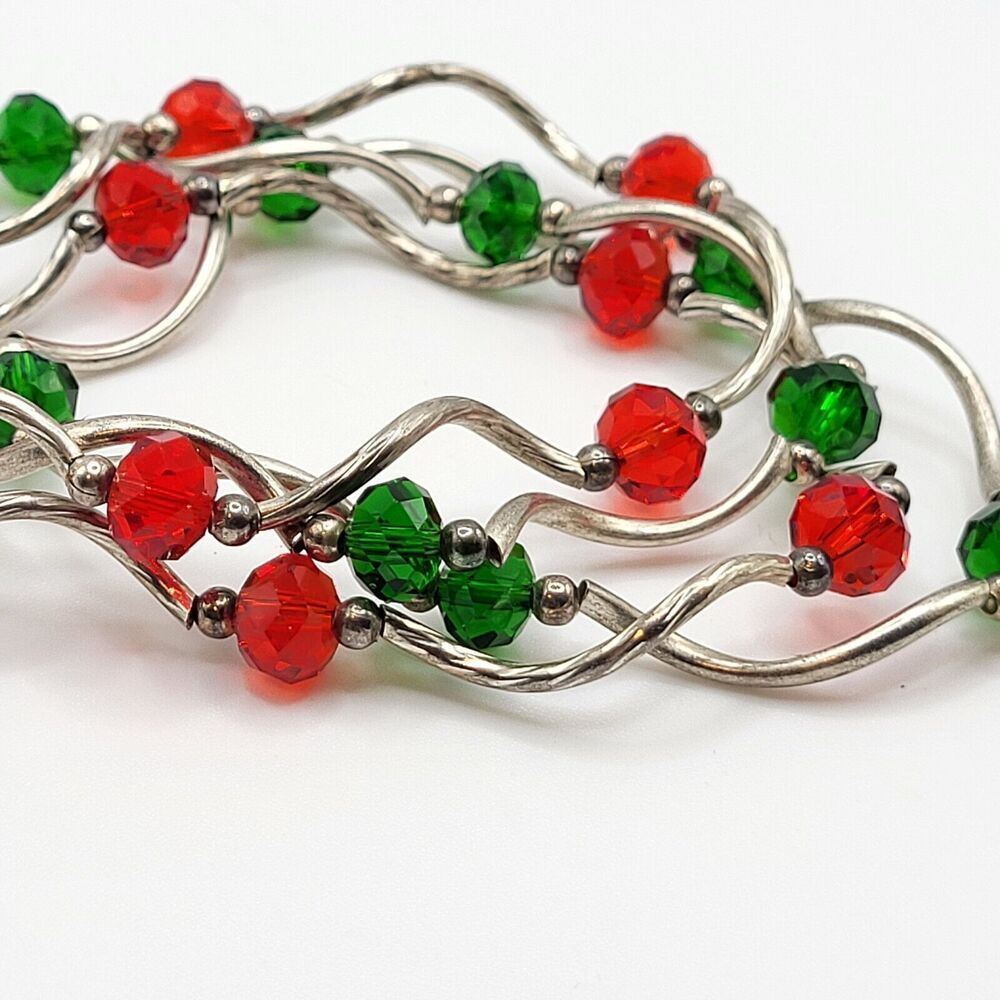 Set of 4 Red and Green Crystal Wavy Bangle Bracelet Set Christmas 7in